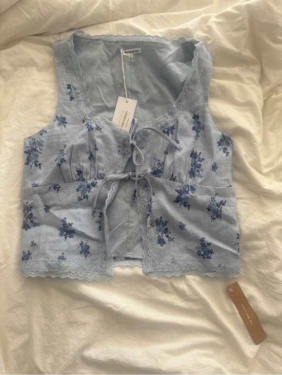 Reformation Tops - Reformation Rosalie Linen Top NWT Blue Floral Lace-Trim Tie-Front